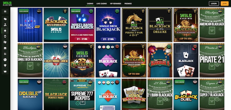 A screenshot of the various online and live dealer blackjack tables at Wild Casino.