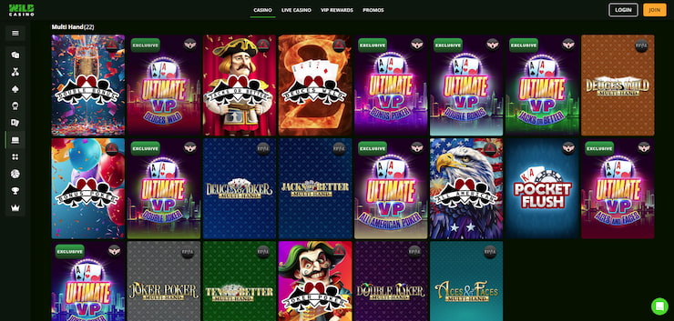 An image showing the selection of video poker games at Wild Casino for Washington DC Online Casino players