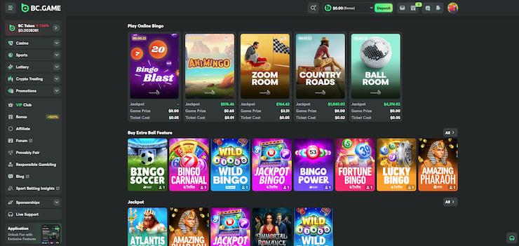 A screenshot of the BC.Game online bingo sites, showing various bingo games.