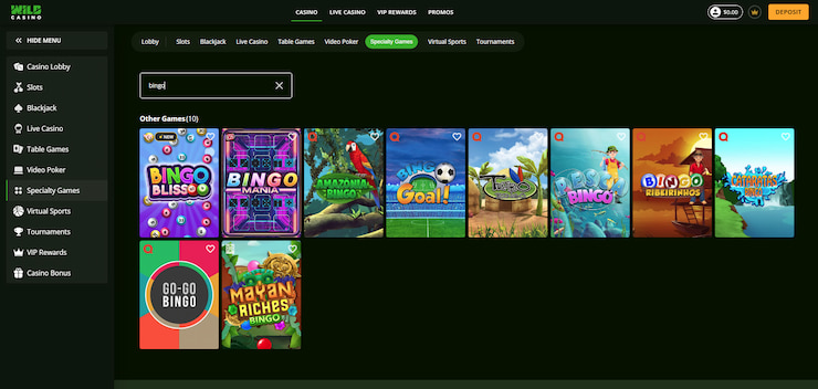 An image of the online bingo games at Wild Casino.