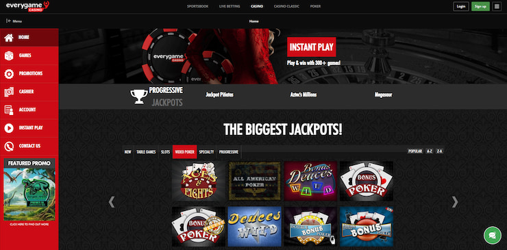 Screenshot of Everygame Casino’s poker selection, showing off a wide variety of titles that make it a great spot for online gambling in Oregon.
