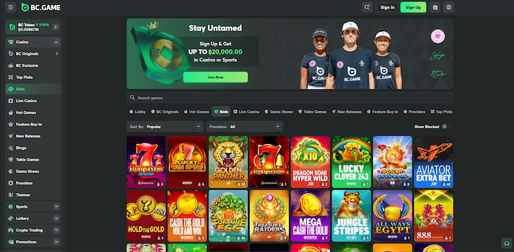 A screenshot showcasing BC.Game's wide selection of South Dakota online casino slots.