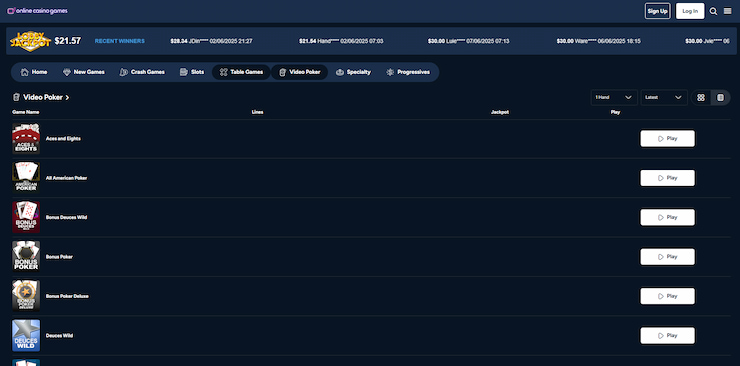 An image of the poker page at OCG, a real money online casino for South Dakota players.