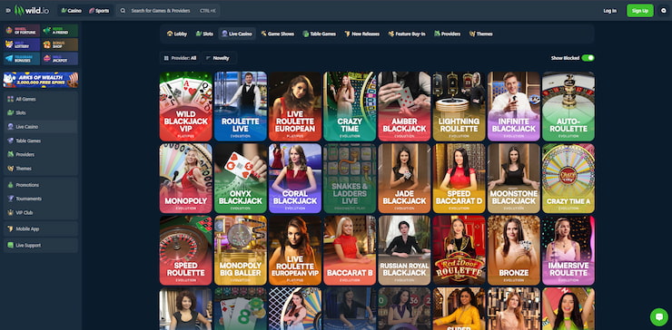 Wild.io's live casino page, featuring roulette and other sought-after table games that every Michigan online casino should have.