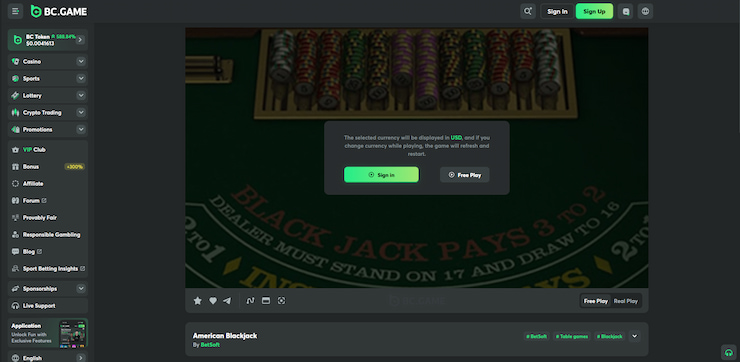 A screenshot showcasing players how to switch to demo mode to play free online blackjack.