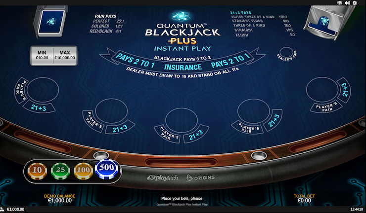 A screenshot featuring Quantum Blackjack Plus, a modern and multiplier-filled twist on the original.