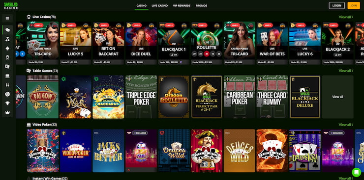 An overview of the variety found at a top online casinos in CA, featuring live casino, table game, and video poker sections.