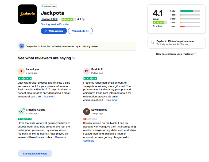 Jackpota Trustpilot rating