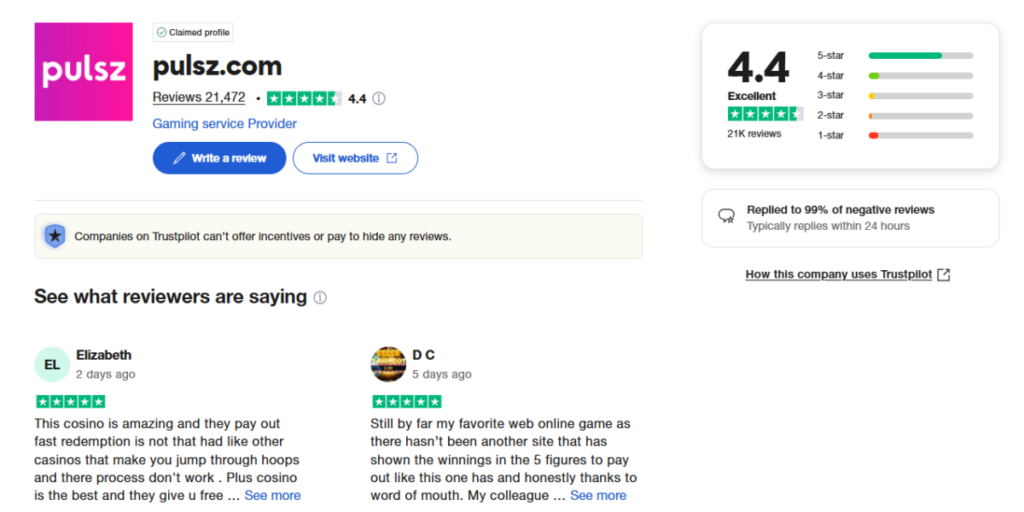 Pulsz Trustpilot score and reviews