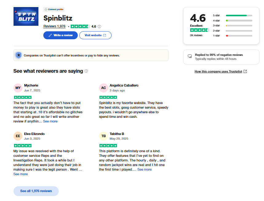 SpinBlitz Trustpilot score