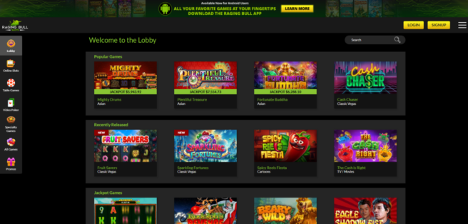 A snapshot of slots at Raging Bull Casino IA Casino