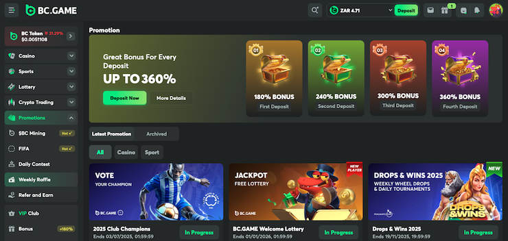 A snapshot of the welcome bonus at BC Game, Amex Casino