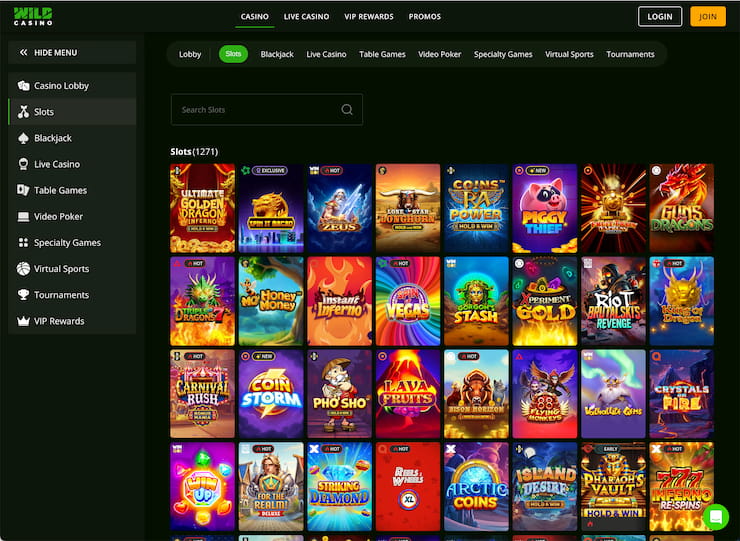 A screenshot of the Wild Casino MT online casino slots selection