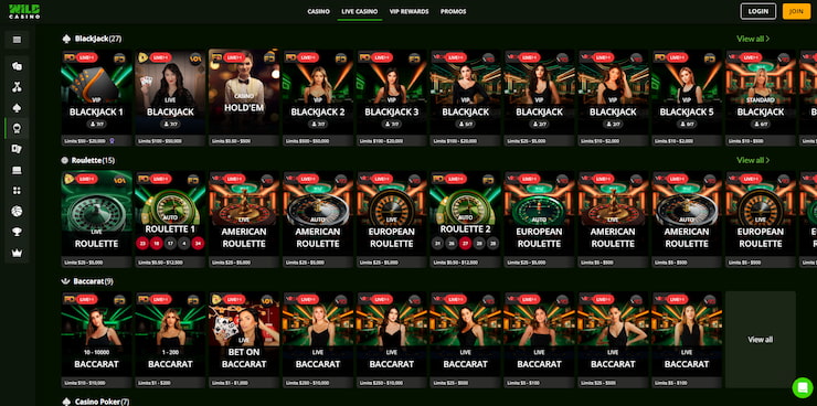 A screenshot of Wild Casino's online live dealer section, featuring blackjack, roulette, baccarat, and poker.