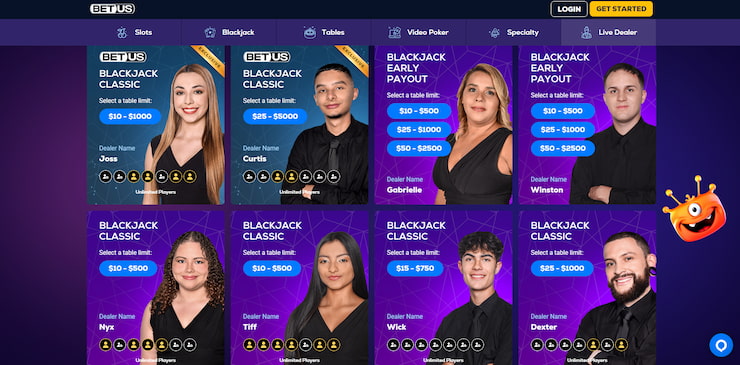 BetUS's live online casino page which showcases the betting range, live dealer, and features of each table.
