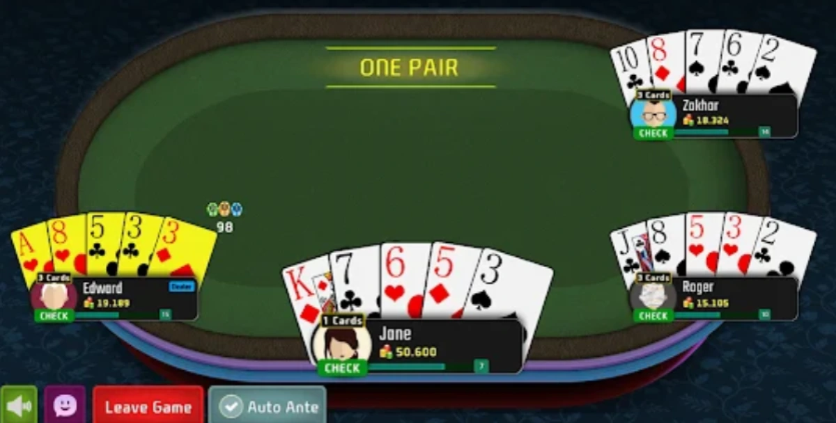 Bàn chơi Poker 5 lá có từ 2 - 6 người chơi tham gia 