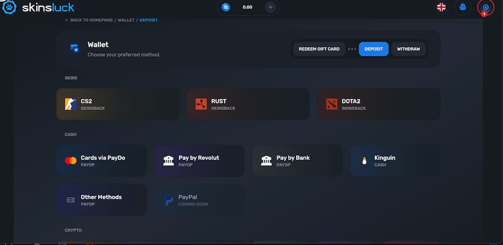 Nạp tiền hoặc skin