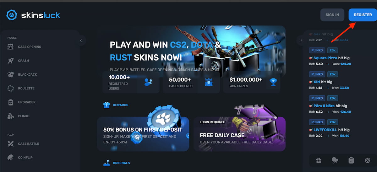 Nhấn nút Register bên phải phía trên để mở tài khoản cá cược