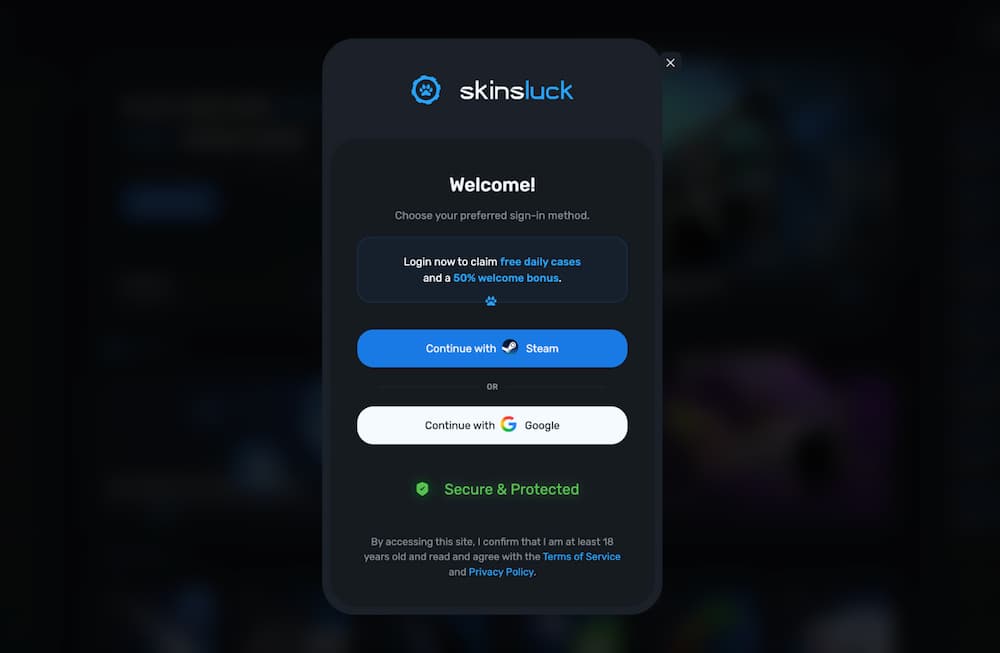 Đăng nhập tài khoản cá cược Skinsluck bằng Steam hoặc Google