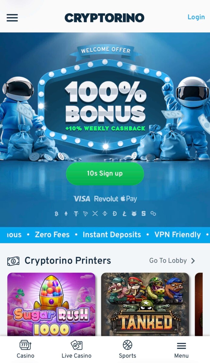 A snapshot of Cryptorino's no-KYC casino 