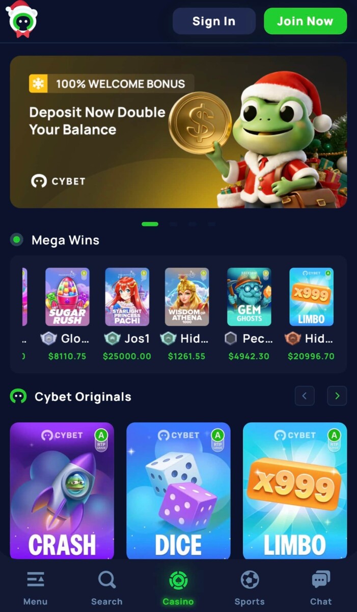 Cybet Casino review banner showing sportsbook and casino sections