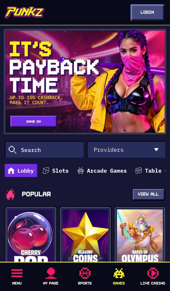 Casinopunkz crypto casino interface, welcome bonus and game lobby