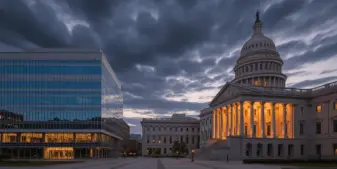 Two contrasting government buildings face each other symbolizing federal-state jurisdictional conflict