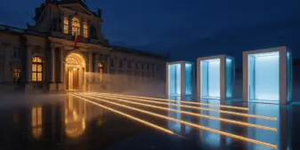 Austrian government building with multiple illuminated pathways leading to modern doorways representing market liberalization