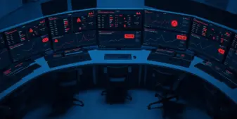 Unattended monitoring control room with alert warnings on data dashboards