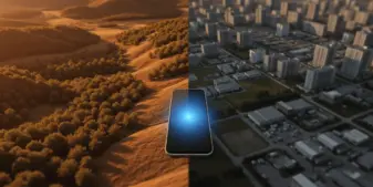 Aerial view of smartphone at territorial boundary between tribal land and modern development