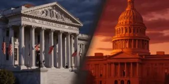 Federal courthouse and New Mexico State Capitol facing each other, representing CFTC lawsuit over sports betting jurisdiction