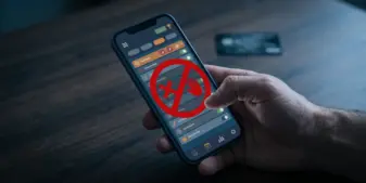 Smartphone showing sports betting app with declined transaction and credit card on desk