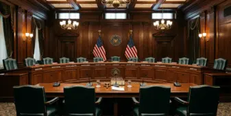 US Senate committee hearing room with formal legislative chamber setup and American flags