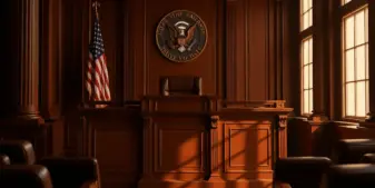 Federal courtroom interior with judge's bench and Great Seal, representing legal jurisdiction dispute