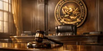 Nevada courtroom with judge's gavel and state seal representing legal ruling against Polymarket