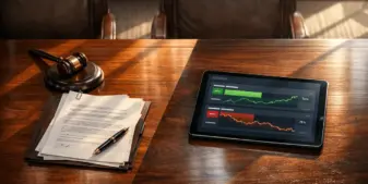 Courtroom table with legal documents and digital trading platform symbolizing sports betting regulation dispute
