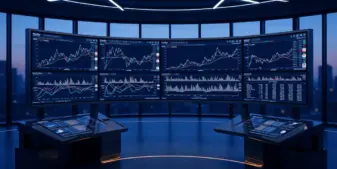 Modern trading floor with LED displays showing sports prediction market data and real-time analytics