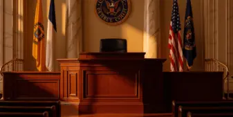 Federal courtroom interior showing state and federal symbols representing jurisdictional legal conflict