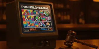 Skill gaming machine with judge's gavel representing Pennsylvania Supreme Court ruling on slot classification
