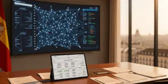 Spanish regulatory office with digital monitoring dashboard showing interconnected gambling operator network