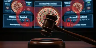 Judicial gavel striking against blocked gambling website screens representing UK legal enforcement action