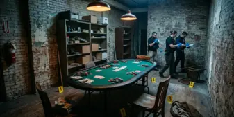Law enforcement raid scene at illegal gambling premises with poker table and seized evidence
