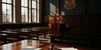 Australian Federal Court interior with judge's bench and legal documents representing gambling enforcement