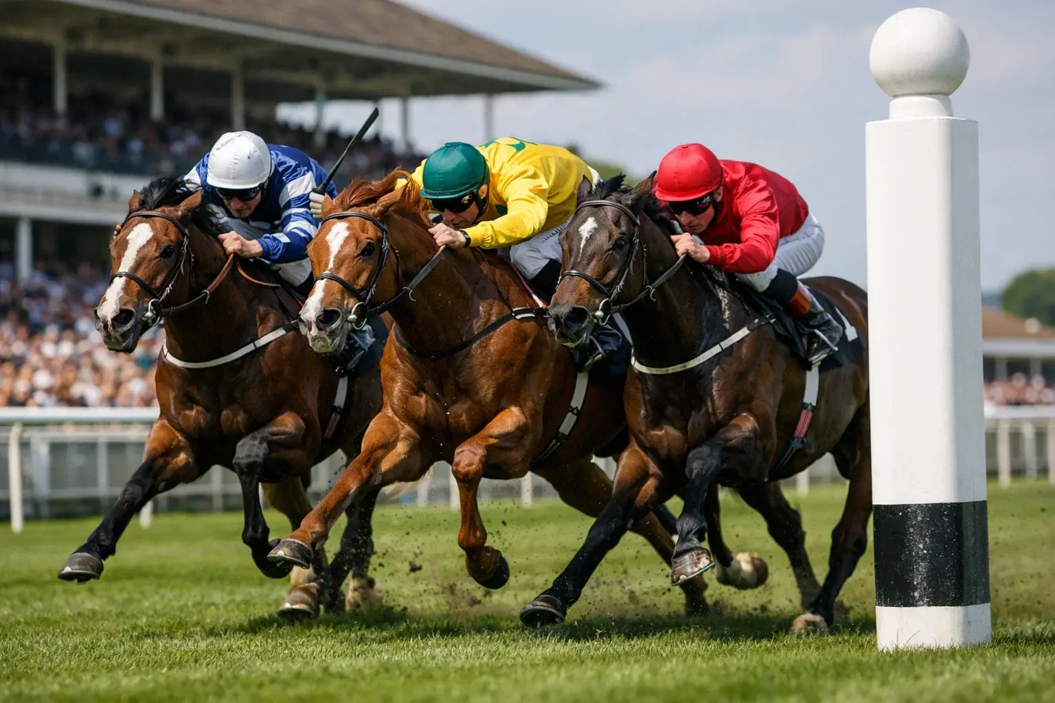 Three horses racing towards the finish line at a British horseracing event.