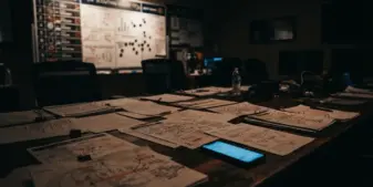 NFL draft war room with confidential documents and phone suggesting insider information leak