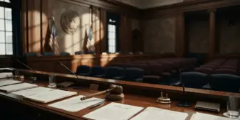 Congressional chamber interior with legislative documents and gavel on desk