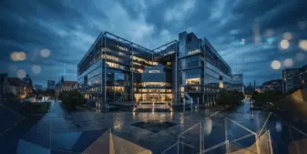 European financial regulatory building with abstract overlays representing securities market oversight