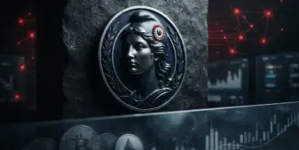 French national emblem with digital blockchain networks and cryptocurrency symbols blocked by regulatory barrier