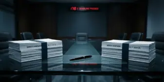 Conference table with separated legal documents symbolizing failed merger deal