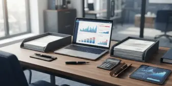 Regulatory desk with financial assessment documents and analytics dashboard for UK gambling oversight